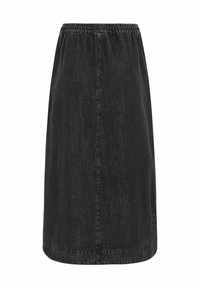 Čierna denim midi sukňa s elastickým pásom, rovný strih a jemné šitie pozdĺž lemov a strán. Hladká textúra.