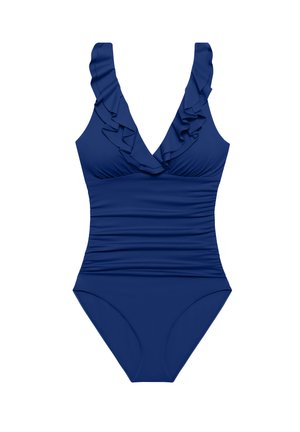 Sinine üheosaline ujumistrikoo, millel on V-kaelus, volangidega õlapaelad, kogutud kangadisain ja sile tekstuur. Sobib ujumisriietuseks.