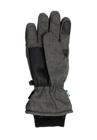 Guanti in tessuto grigio con finitura testurizzata, dettagli in pelle nera, polsino elastico e risvolto per maggiore calore e vestibilità aderente.