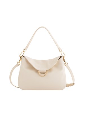 Beige Lederhandtasche mit umklappbarem Deckel, goldenen Beschlägen und einem abnehmbaren Schulterriemen. Glatte Textur mit minimalistischem Design.