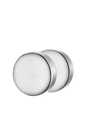 Boutons de tiroir en acier inoxydable ronds au fini brossé, avec une texture lisse et un détail de bord subtil, montés par paires.