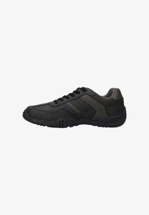 Black athletic shoe featuring leather and synthetic materials, a rounded toe, textured sole, and distinct black and blue accent stripes.