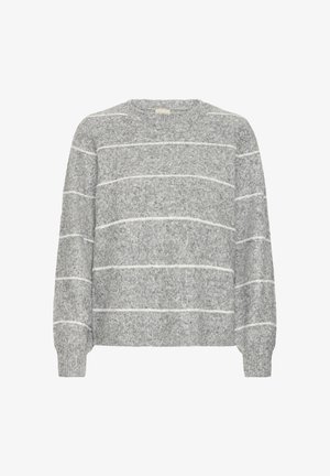 Grå sweatshirt med vita horisontella ränder, tillverkad av texturerad tyg. Har rundad halsringning och långa ärmar.