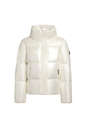 White puffer jacket with a glossy finish, featuring a high collar, evenly spaced quilted sections, and two side pockets.
