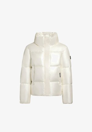 White puffer jacket with a glossy finish, featuring a high collar, evenly spaced quilted sections, and two side pockets.