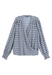 Blusa blu con motivo a foglie bianche, maniche lunghe a sbuffo, scollo a V profondo e polsini arricciati. Tessuto leggero con vestibilità morbida.
