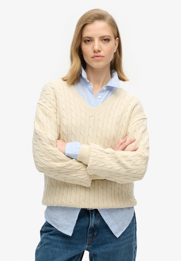 V NECK CABLE - Strickpullover - oatmeal beige