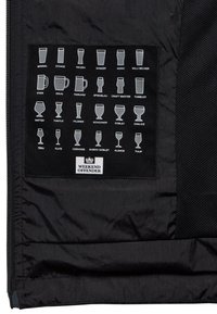 Black fabric vest with a printed label featuring various drink glass icons, including names like Stein, Tulip, and Chalice, and a logo at the bottom.