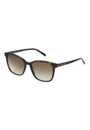 Tortoiseshell sunglasses with square frames, gradient lenses, and gold branding accent on the temple. Smooth plastic material.