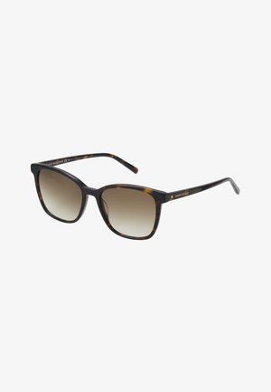 Tortoiseshell sunglasses with square frames, gradient lenses, and gold branding accent on the temple. Smooth plastic material.