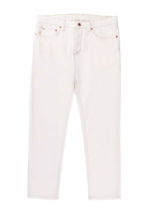 Bele kavbojke iz jeansa s ravnim krojem, oranžnim šivom, zapiranjem na gumb in dizajnom s petimi žepi. Gladek tekstura in čist zaključek.