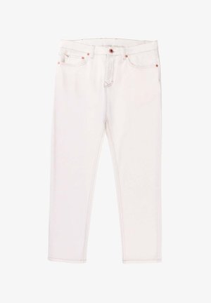 Bijele traperice ravnog kroja, s narančastim šavovima, zatvaranjem na kopču i dizajnom s pet džepova. Glatka tekstura i čist završetak.