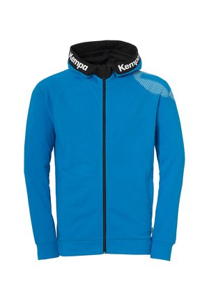 Blue zip-up hoodie with black accents, featuring a high collar, raglan sleeves, and a textured design on the right shoulder.