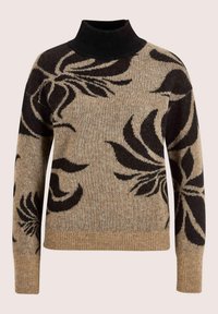 Beige Pullover mit hohem Kragen und großen schwarzen Blumenmustern, gerippte Bündchen und Saum, vor einem neutralen Hintergrund präsentiert.