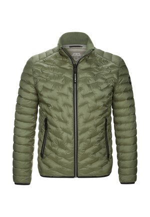 Grüne gesteppte Jacke mit hohem Kragen, Reißverschluss vorne und seitlichen Taschen. Verfügt über gerippte Bündchen und eine strukturierte Oberfläche.