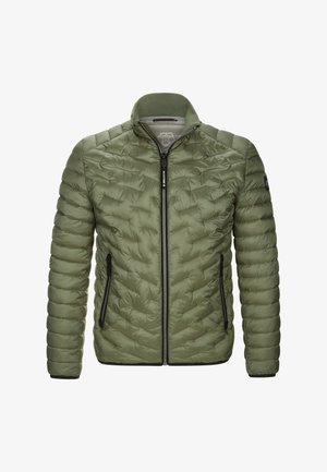 Grüne gesteppte Jacke mit hohem Kragen, Reißverschluss vorne und seitlichen Taschen. Verfügt über gerippte Bündchen und eine strukturierte Oberfläche.