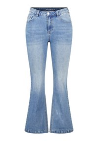 Jeans évasés bleu clair en denim ; dotés de cinq poches, d'une fermeture à bouton et de surpiqûres contrastées le long des coutures.