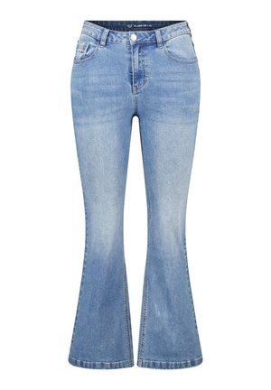 Lichtblauwe uitlopers van denim; voorzien van vijf zakken, een knoopsluiting en contrasterende stiksels langs de naden.