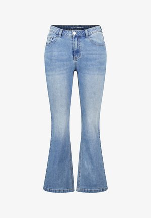 Lichtblauwe uitlopers van denim; voorzien van vijf zakken, een knoopsluiting en contrasterende stiksels langs de naden.