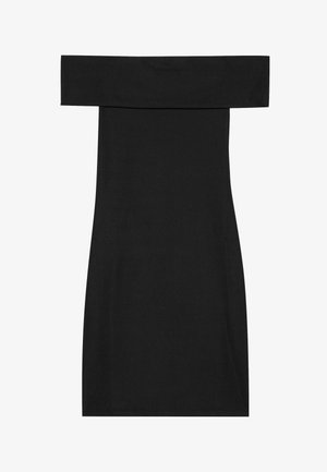 Musta olkaimeton mekko, joka on valmistettu ribatusta kankaasta. Suunnittelussa on muotoileva leikkaus ja suora helma, joka korostaa sileää pintaa.