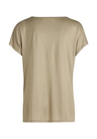 T-shirt beige à manches courtes avec une coupe décontractée, présentant un col rond et une texture lisse. Pas de motifs visibles ni de détails en métal.