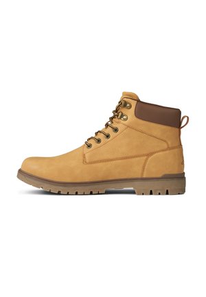 Light brown leather ankle boot with dark brown padded collar, metal eyelets, and rugged sole, side view against white background.