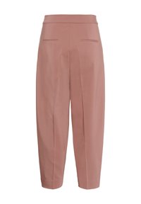 Pantaloni roz, cu talie înaltă și textură netedă, având două buzunare la spate și croi lejer, ușor conici la glezne.