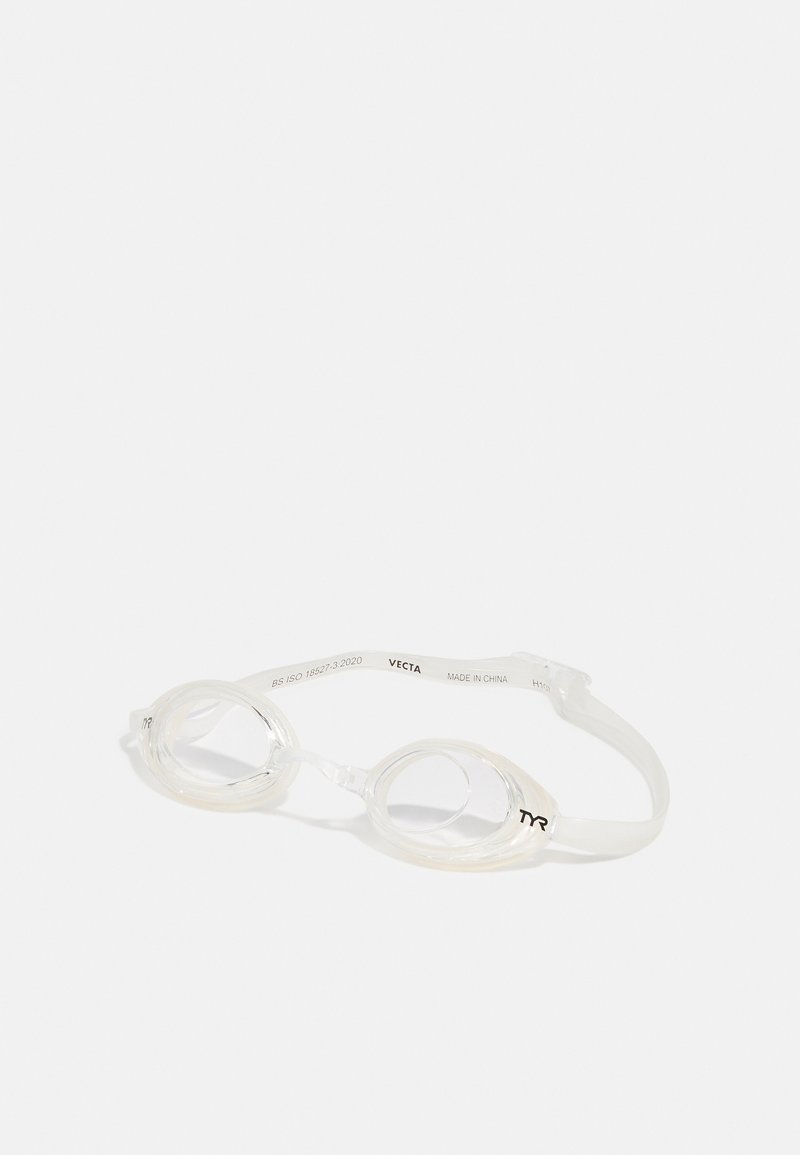 Lunettes de natation claires avec des lentilles ovales, des joints en silicone souple et des sangles ajustables. Présente un cadre blanc avec un logo noir sur le côté.