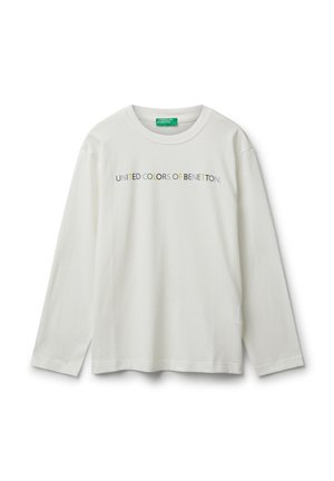 T-shirt à manches longues blanc avec le texte multicolore "UNITED COLORS OF BENETTON" centré sur la poitrine et un col rond.