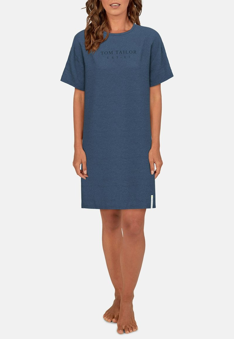 Blue cotton T-shirt dress with short sleeves, featuring a crew neck and a logo print across the chest. Straight cut, knee-length design.