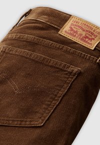 Bruine corduroy stof met een zichtbare zak en een rode leren label met een reliëfontwerp van twee paarden. Gestikte details langs de randen.