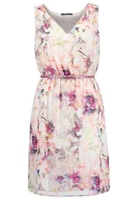 Blommig ärmlös klänning i lätt tyg, med V-ringning, elastisk midja med ett subtilt glänsande bälte, och fjärilstryck i mjuka rosa och lila nyanser.