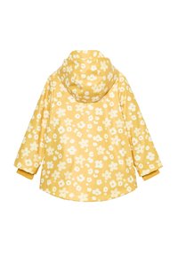 Impermeabile giallo con cappuccio, decorato con un motivo floreale bianco, maniche lunghe e polsini elastici. Texture liscia e vestibilità comoda.