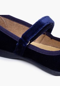 Zapato de terciopelo azul marino con suela plana, que presenta una correa ancha y un acento metálico circular, forro interior suave y diseño de punta redonda.