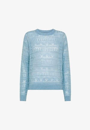 Pullover lavorato a maglia di colore azzurro chiaro con un intricato motivo a pizzo, maniche lunghe e collo a coste, polsini e orlo.