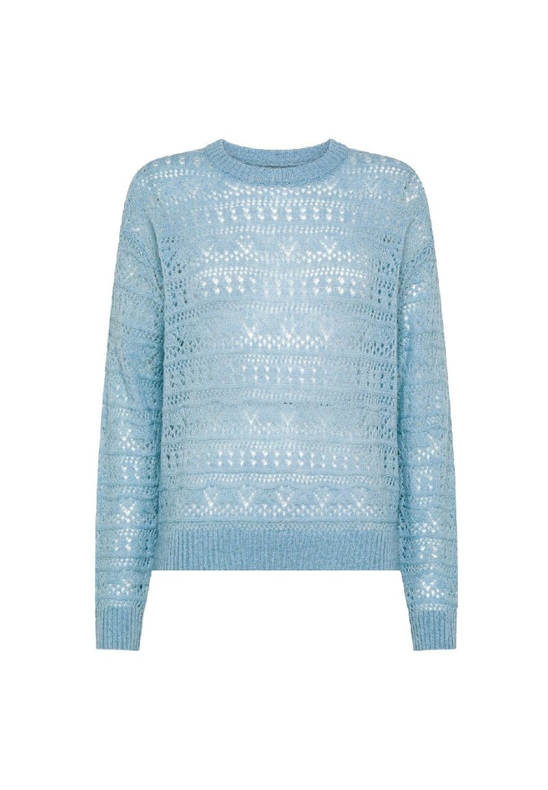 Pullover lavorato a maglia di colore azzurro chiaro con un intricato motivo a pizzo, maniche lunghe e collo a coste, polsini e orlo.