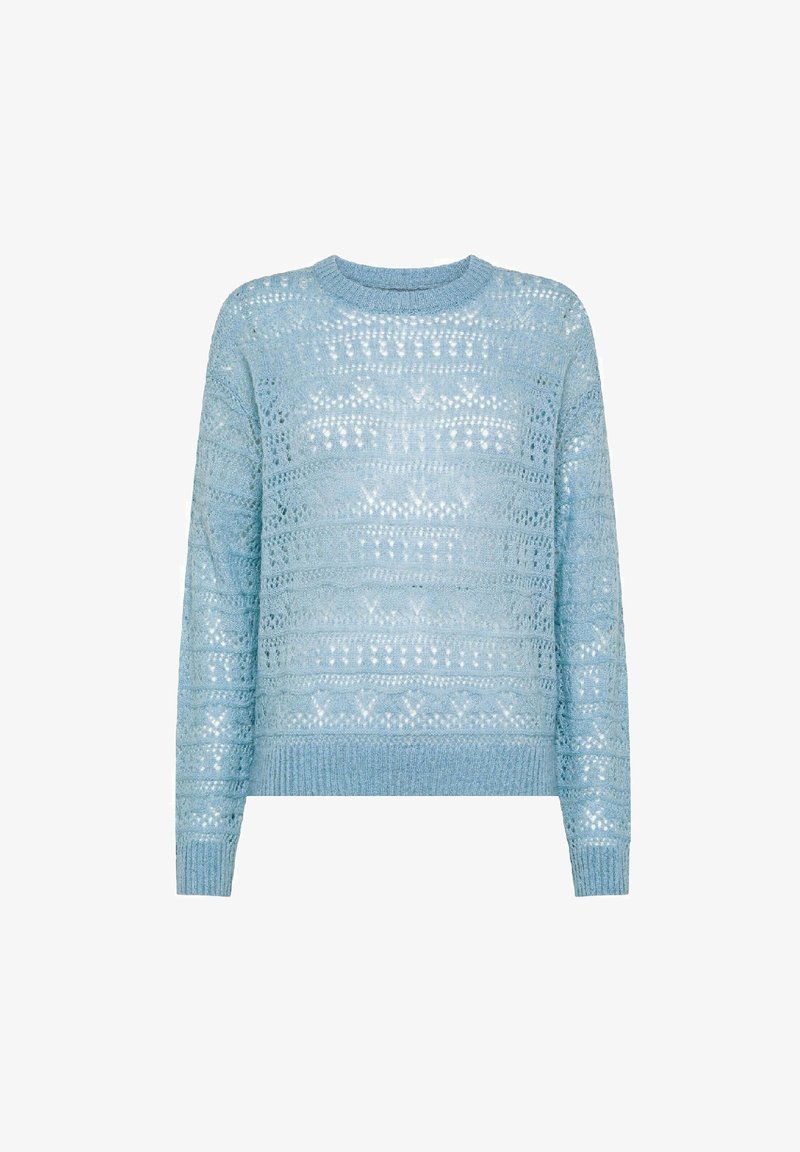 Pullover lavorato a maglia di colore azzurro chiaro con un intricato motivo a pizzo, maniche lunghe e collo a coste, polsini e orlo.