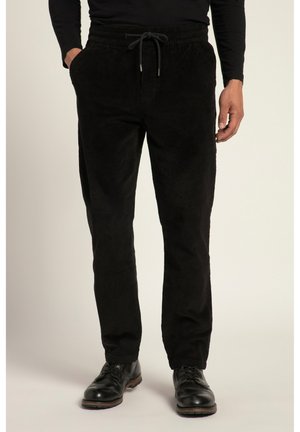 Black corduroy pants with a relaxed fit, featuring an elastic waistband and drawstring, straight legs, and side pockets.