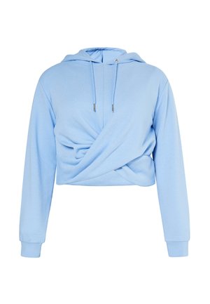 Lyseblå cropped hættetrøje med lange ærmer, front twist knude detalje og justerbare snore i hætten.