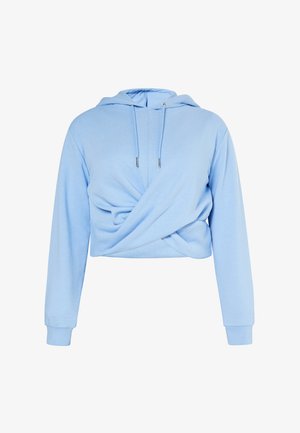 Lichtblauwe cropped hoodie met lange mouwen, een gedraaide knoop aan de voorkant en verstelbare trekkoorden in de capuchon.