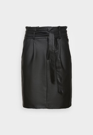 High-waist black faux leather skirt with paperbag waist and matching belt tied in front, straight cut, knee-length style.