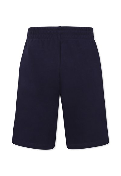 Shorts bleu marine en tissu doux, dotés d'une taille élastique et d'un design droit sans poches ni embellissements visibles.