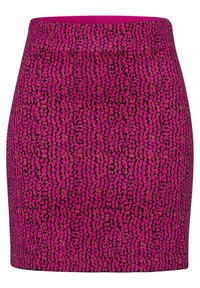 Jupe mini ajustée en rose avec un motif texturé noir et doré, dotée d'une large ceinture élastique et d'un fini en tissu lisse.
