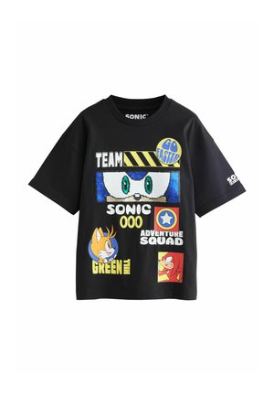 Czarna koszulka z krótkim rękawem z twarzami postaci Sonic, napis „TEAM”, „GO FASTER”, „SONIC”, „ADVENTURE SQUAD” i „GREEN HILL”.