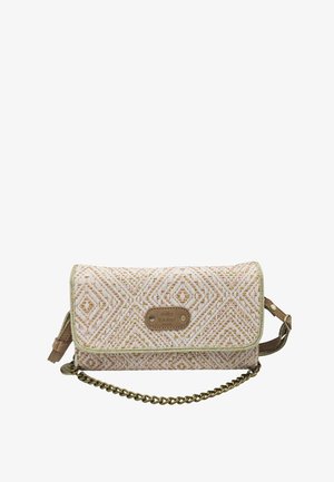Petit sac bandoulière rectangulaire avec motif géométrique tissé beige et rose, écusson logo en cuir marron et bandoulière chaîne dorée.