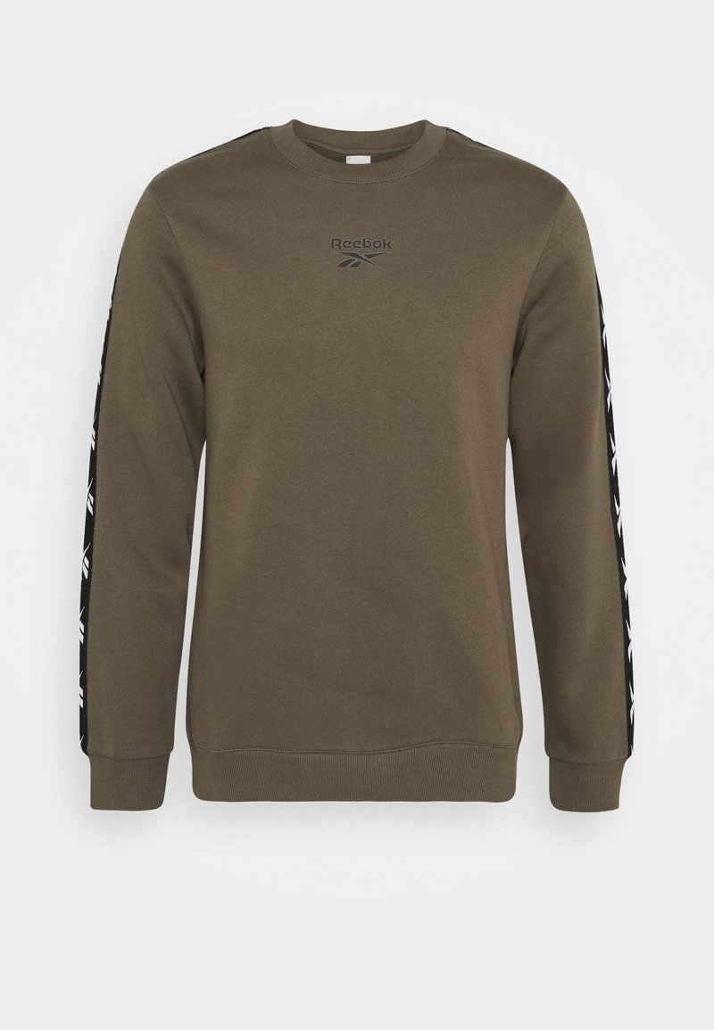 Sweat-shirt Reebok col rond vert olive avec des bandes noires et des logos blancs courant le long des deux manches.