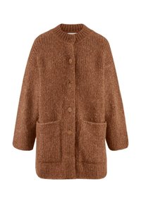 Brauner, grob gestrickter Cardigan mit langen Ärmeln, geripptem Kragen, Knöpfen vorne und zwei großen Taschen auf der Vorderseite.