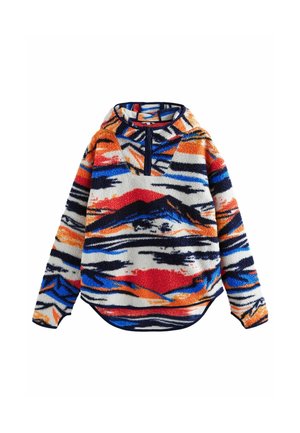 Bluza polarowa z kapturem i zamkiem błyskawicznym z przodu, z abstrakcyjnym wzorem w kolorach pomarańczowym, czerwonym, niebieskim, czarnym i białym.