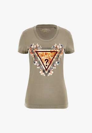 Olive green cotton t-shirt featuring a triangular graphic with the word "GUESS" and floral accents, embellished with beads and a question mark.