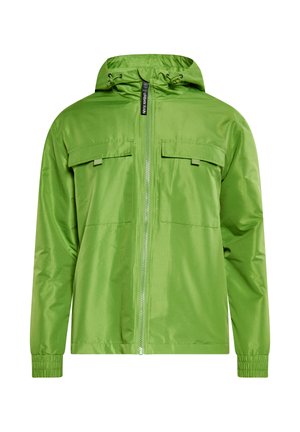 Roheline kerge jakk, millel on lukuga esiosa, reguleeritav kapuuts, kaks rinna taskut ja elastsed mansetid. Sile tekstuur ja minimalistlik disain.